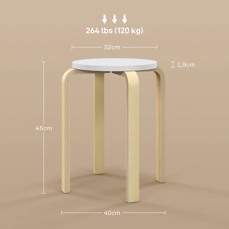 HOMCOM Set 4 Sgabelli Rotondi Impilabili in Legno Bianco, Ø40x45 cm