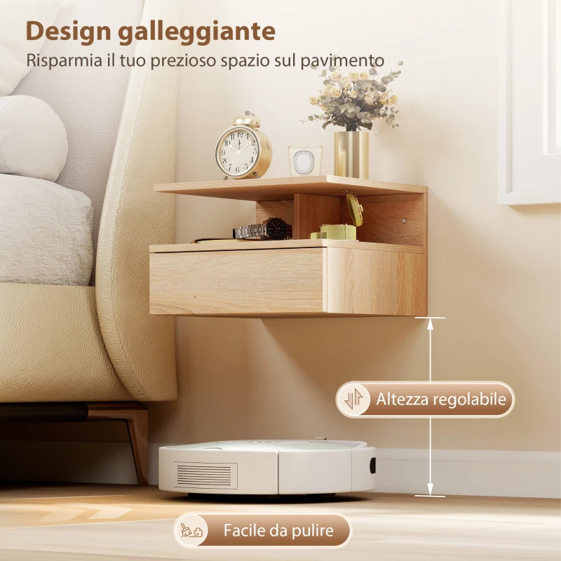 HOMCOM Set di 2 Comodini Sospesi con Cassetto e Mensola Aperta, 35x32x22.5 cm, Rovere