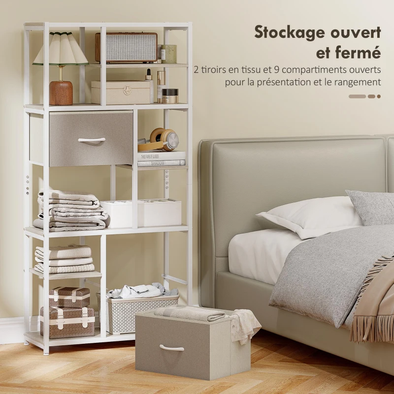 HOMCOM Étagère de rangement 6 niveaux, bibliothèque avec 2 tiroirs en tissu, 9 étagères ouvertes, 72,5 x 30 x 150 cm, blanc