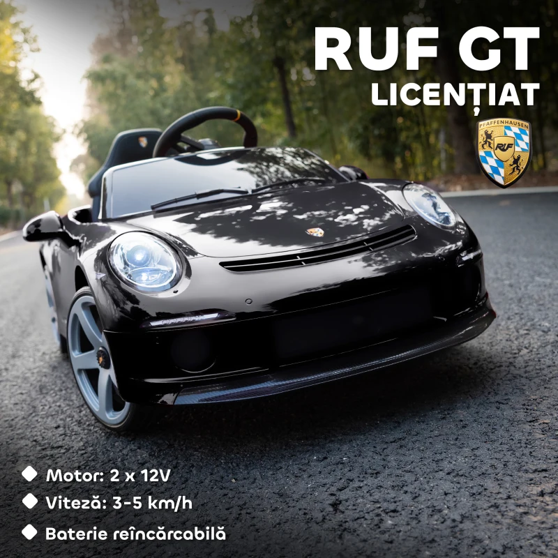 AIYAPLAY Mașină pentru copii 3-5 ani cu licență oficială RUF GT, telecomandă, centură de siguranță și muzică, negru