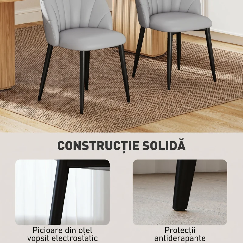 HOMCOM Set de 2 Scaune de Dining din Piele PU cu Picioare Metalice și Spătar în Formă de Scoică, Gri Deschis