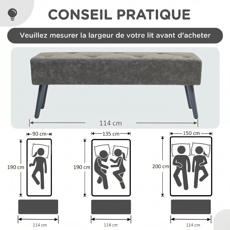 HOMCOM Banc bout de lit banquette capitonnée style vintage 114 x 38 x 42 cm piètement bois revêtement gris