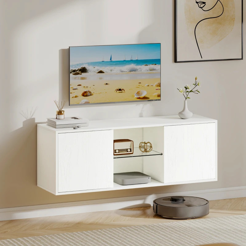 HOMCOM Mobilier TV pentru televizoare de până la 55", Suspendat sau pe Podea, Uși Soft Close, Gaura pentru Cabluri și Raft din Sticlă, Alb