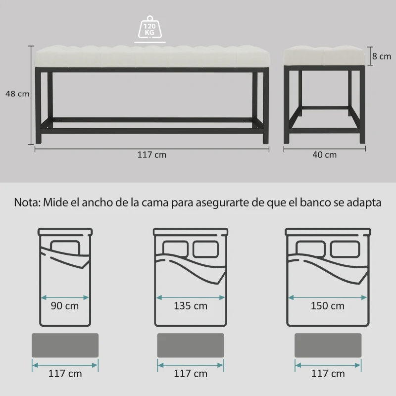 HOMCOM Banco Pie de Cama Tapizado en Terciopelo Diseño Capitoné Base de Metal para Dormitorio Entrada Salón Crema