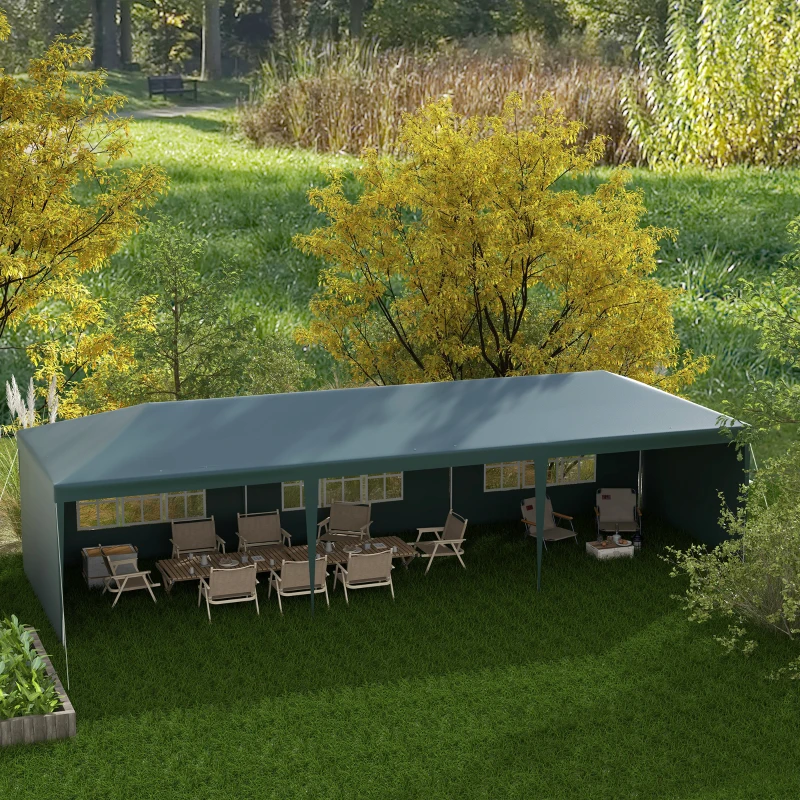 Outsunny 9 x 3 m Party Tent Gazebo Marquee Outdoor Patio Canopy Shelter with Windows and Side Panels Dark Green