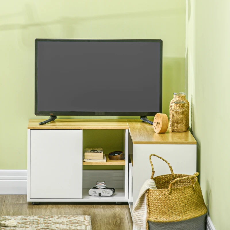 HOMCOM Mobilier TV în formă de L pentru televizoare de până la 40", cu 3 rafturi deschise și 2 dulapuri, din PAL, 90x90x45 cm