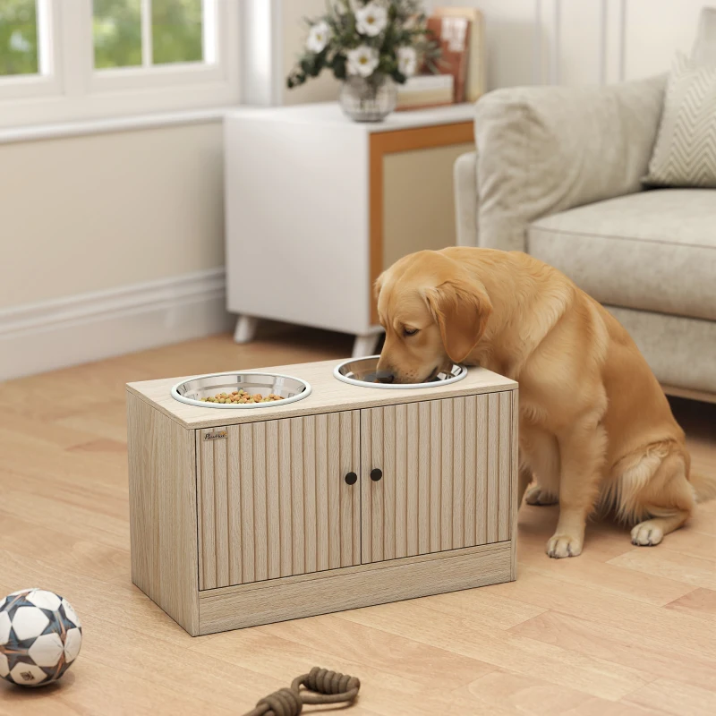 PawHut Hundefutterstation mit 2 Edelstahl-Näpfen, Schrank für Utensilien, für große Hunde, Zubehör, Holz