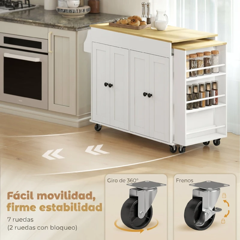 HOMCOM Isla de Cocina con Ruedas Encimera Extensible 4 Puertas Estantes Ajustables Especiero y Soporte para Toallas Blanco