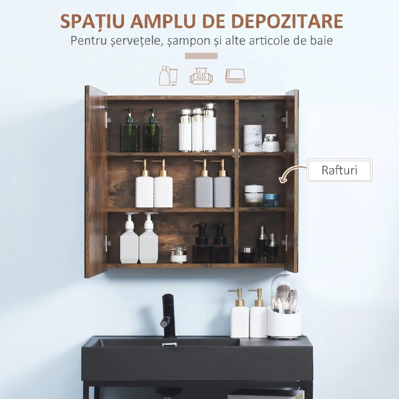 kleankin Oglindă de baie cu lumini LED reglabile, 2 uși și raft reglabil, 70x15x65cm, maro