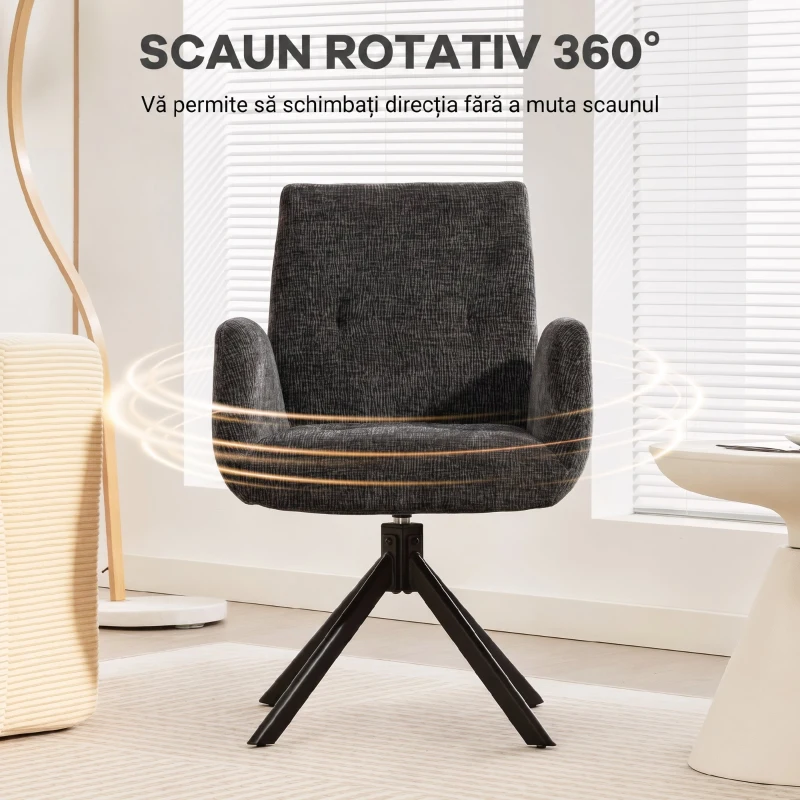 HOMCOM Fotoliu Rotativ pentru Dormitor, Material Textil cu Aspect de In și Picioare Înclinate din Oțel, Negru