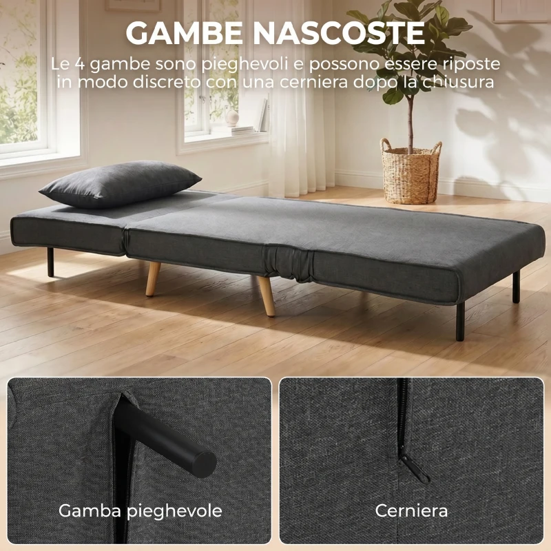 HOMCOM Poltrona Letto Singola 3 in 1 con Schienale Regolabile in 3 Livelli e Cuscino, in Tessuto Effetto Lino, Grigio