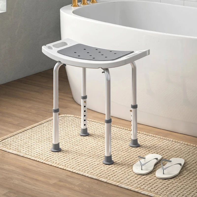 HOMCOM Scaun de Duș din Aluminiu și Plastic Antialunecare, Înălțime Reglabilă 6 Niveluri 39-52cm, Gri