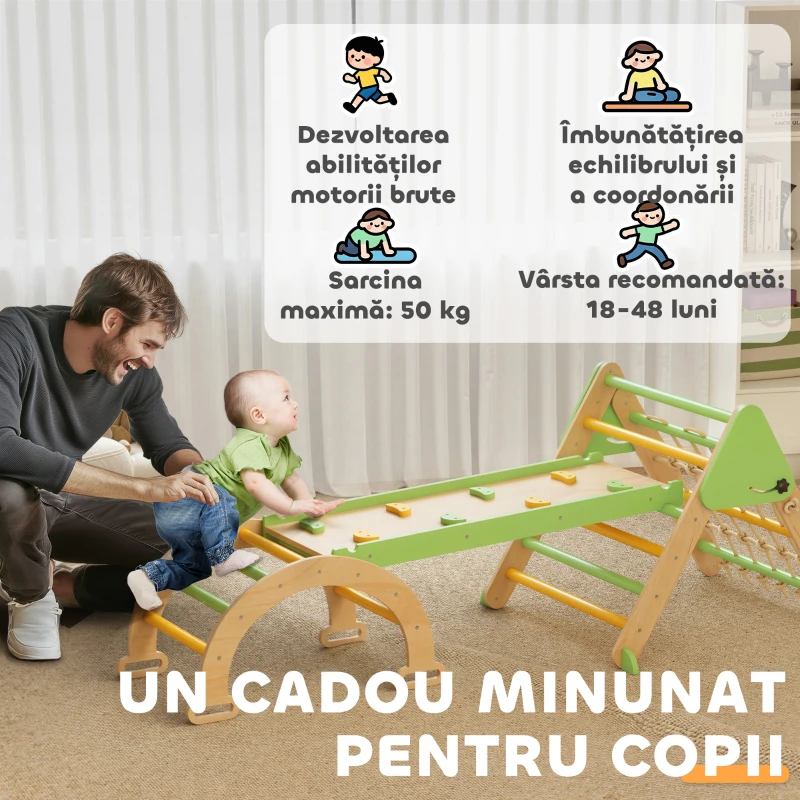 AIYAPLAY Joc pentru Copii 8 în 1 cu Triunghi, Perete Neted și Arc, din Lemn de Plop și Pin, 191,5x74,5x63 cm