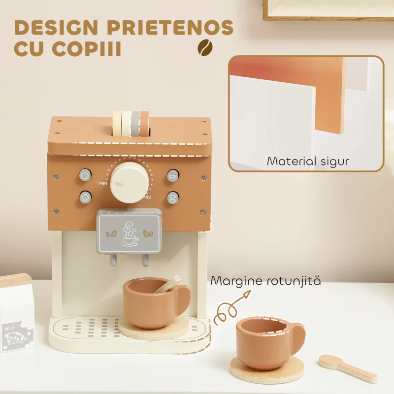 AIYAPLAY Set Mașină de Cafea din Lemn pentru Copii de la 3 Ani cu Accesorii, Maro