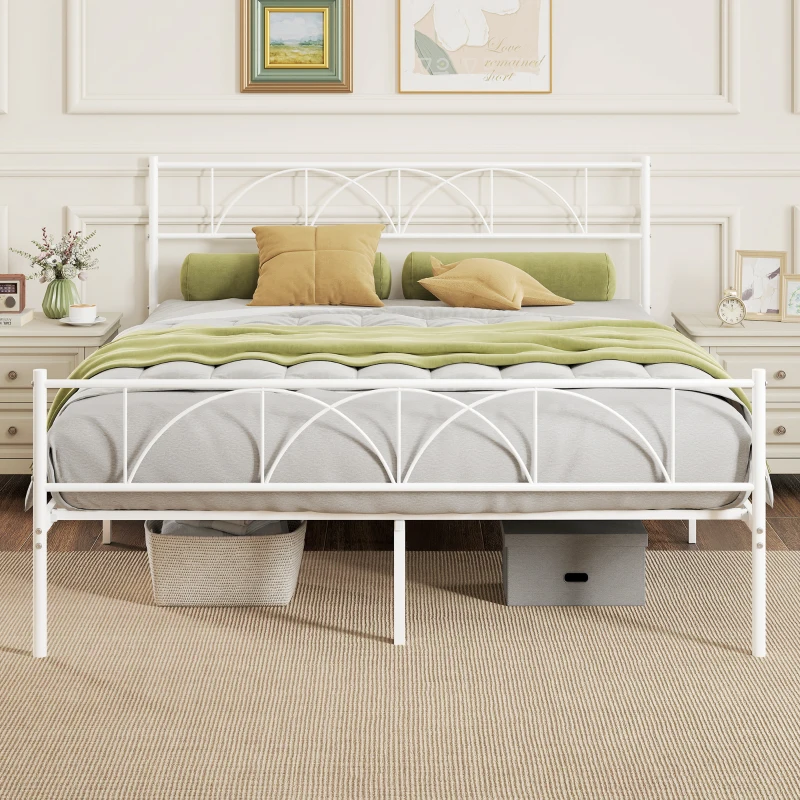 HOMCOM Cama de Casal com Cabeceira de Ripas de Aço e Espaço de Arrumação Debaixo da Cama Carga 330 kg 161,5x208x98 cm Branca