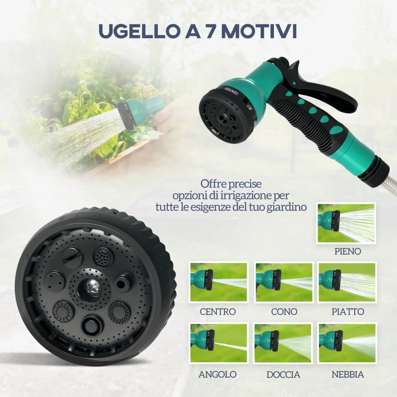 Outsunny Avvolgitubo da Giardino Retrattile con Tubo dell'Acqua 25+2 m e 7 Getti per Irrigazione, Verde e Grigio Chiaro
