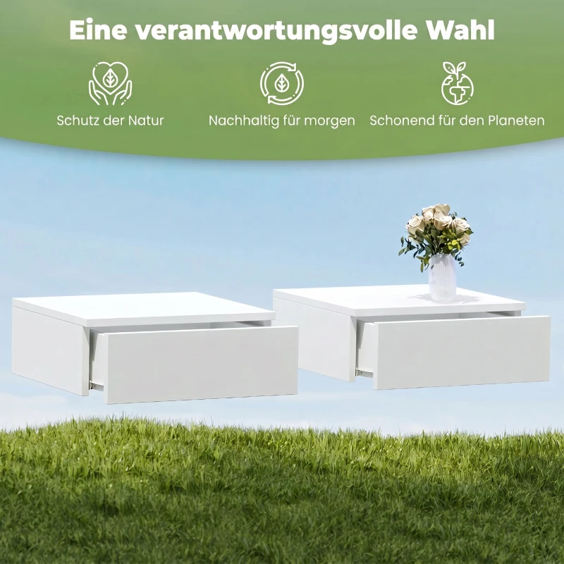 HOMCOM 2er-Set Nachttische, wandmontiertes Design, Schublade, für Schlafzimmer, Spanplatte, Weiß