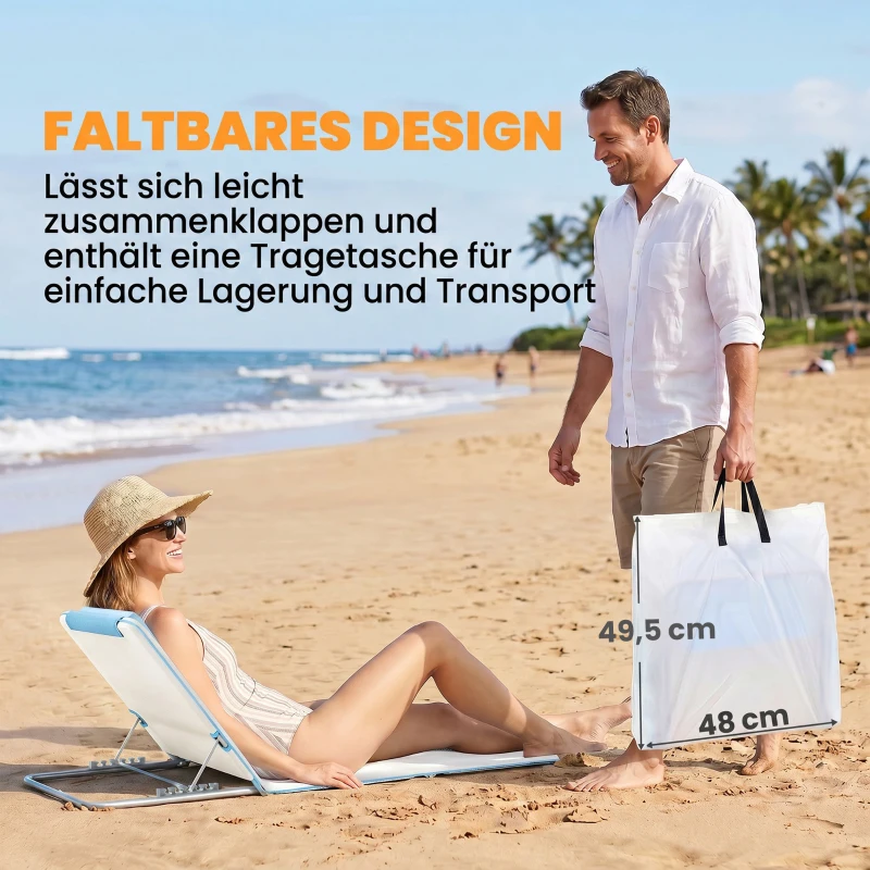 Outsunny Strandliege Sonnenliege Gartenliege, klappbar, verstellbare Rücklehne, Seitentasche, 48 cm x 134 cm x 33-43 cm, Beige