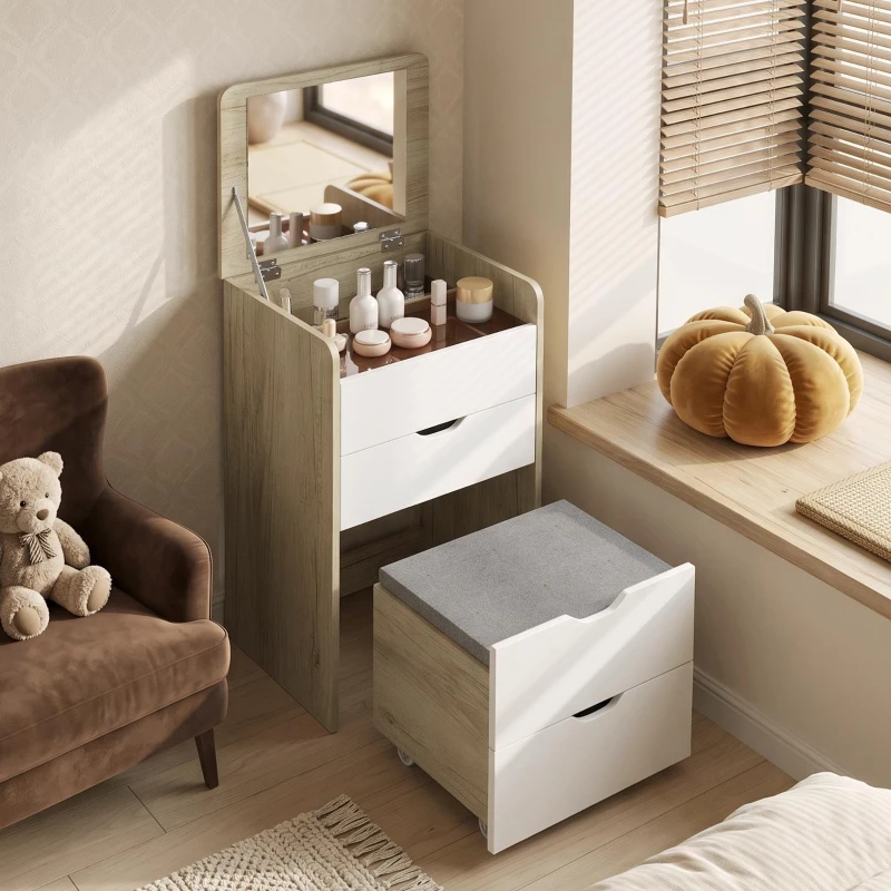 HOMCOM Coiffeuse avec miroir rabattable et tabouret de rangement, table de maquillage, 2 tiroirs, siège rembourré, chêne blanc