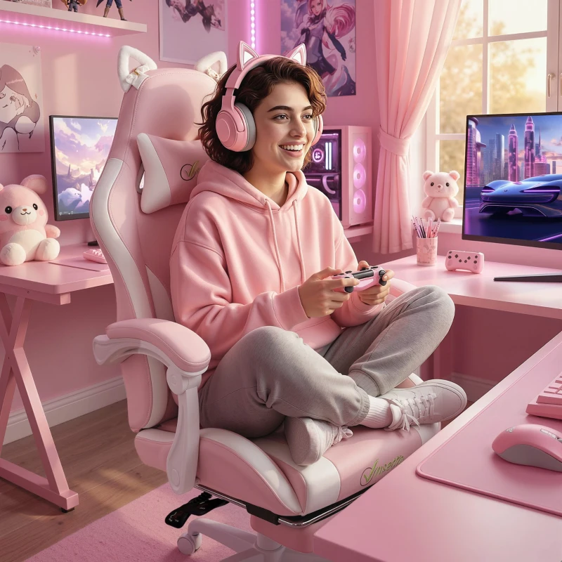 Vinsetto Scaun Gaming Ergonomic Rabatabil, cu Suport Picioare Urechi Pisică Roz