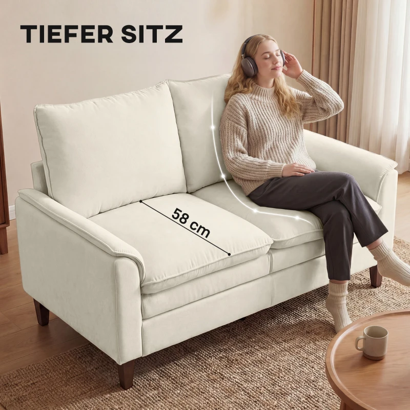 HOMCOM 146 cm Zweisitzer Sofa, Chenille-Sofa mit doppellagiger Polsterung, Federkissen, tiefem Sitz, hoher Rückenlehne, Creme