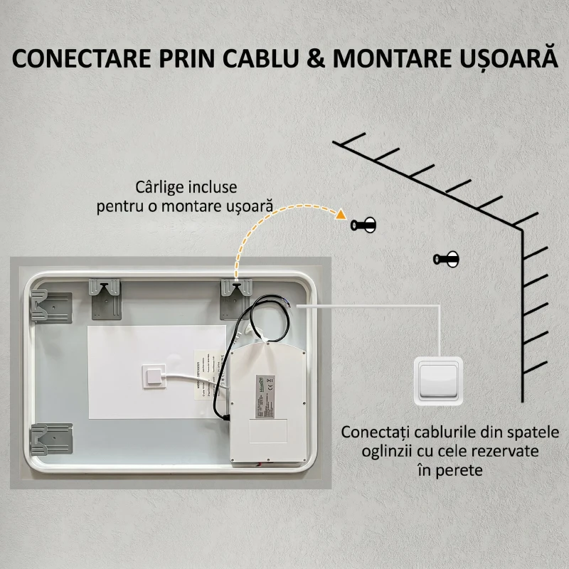 kleankin Oglinda de Baie Iluminata 800 x 600 mm cu Iluminare din Spate cu Lumini LED, Oglinda de Baie de Perete cu 3 Lumini, Intrerupator Tactil Reglabil, Folie de Dezaburire, Orizontala/Verticala