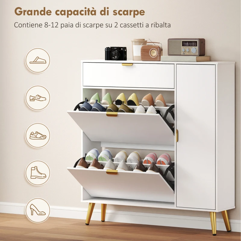 HOMCOM Scarpiera Salvaspazio Slim con Ante a Ribalta, Scarpiera Ingresso con Ripiani Regolabili, per 12 Paia, Bianco