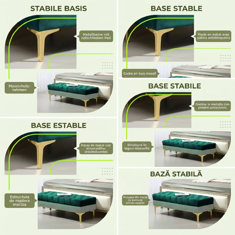 HOMCOM Banchetă pentru Capăt de Pat Tapițată cu Material Textil Matlasat cu Efect de Catifea, 118x45x42 cm, Verde Închis