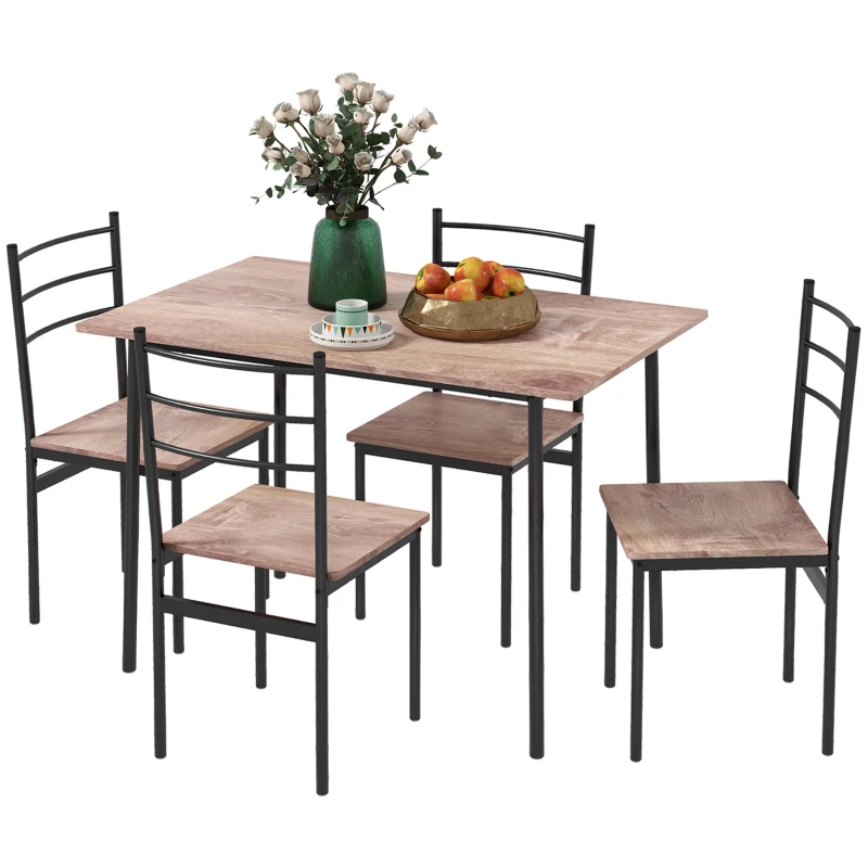 HOMCOM Set din 5 Piese cu Masă de Bucătărie Dreptunghiulară și 4 Scaune Moderne din MDF și Oțel, 110x70x75 cm , Maro