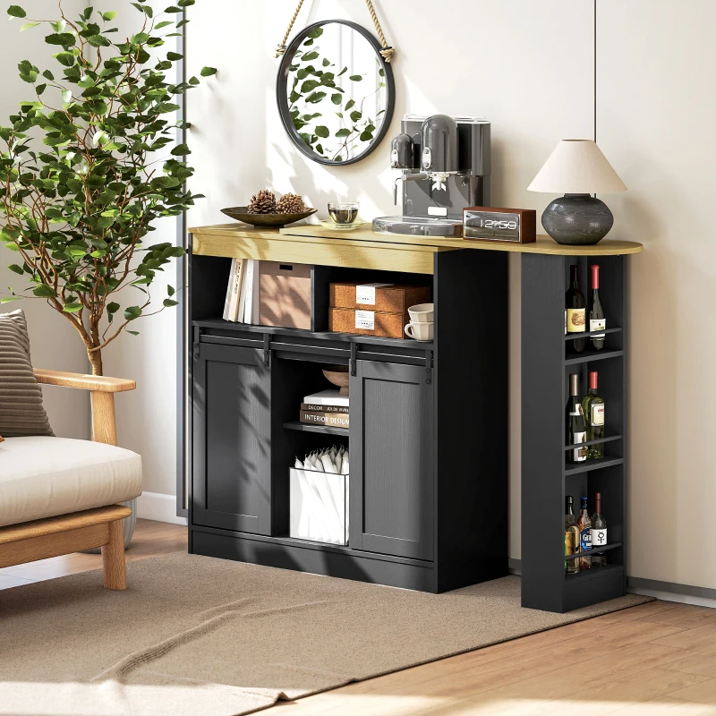 HOMCOM Ausziehbarer Bartisch, zu L-Form umwandelbar, viel Stauraum, 3 verstellbare Regale, Spanplatte, MDF, Schwarz