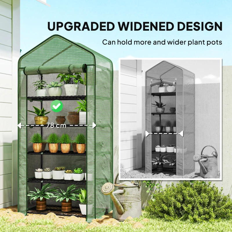 Outsunny 5 Tier Widened Mini Greenhouse with Reinforced PE Cover, Portable Indoor Outdoor Green House with Roll-up Door and Wire Shelves, 193H x 90W x 49Dcm, Green