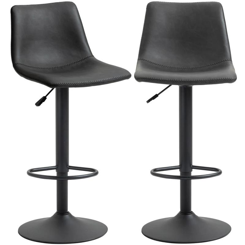 HOMCOM Lot de 2 tabourets de bar style vintage réglable pivotant avec repose-pieds revêtement synthétique - noir - hauteur réglable 90-110 cm