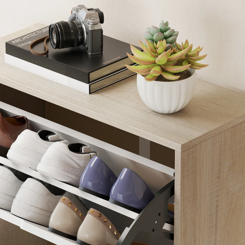 HOMCOM Scarpiera Salvaspazio Slim a 4 Cassetti per 20 Paia di Scarpe 62.5x26x156 cm, color Legno e Bianco