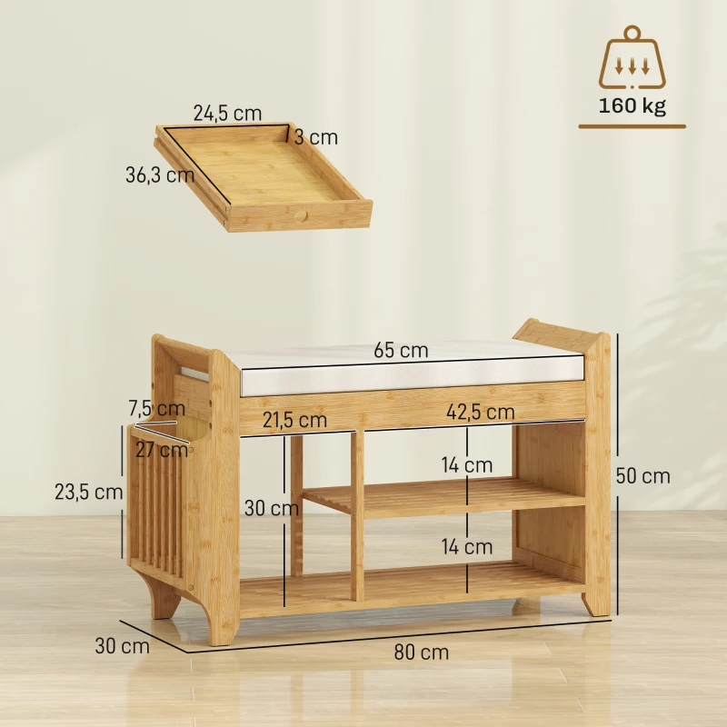HOMCOM Banco Zapatero con Asiento Acolchado Almacenamiento Lateral Estante para Botas Marco de Bambú 80x30x50 cm Natural