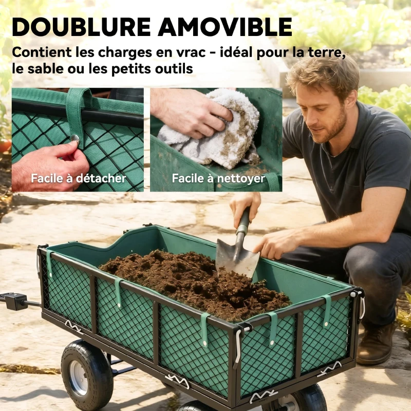 Outsunny Chariot de Jardin 300 kg, Chariot Remorque avec Bâche Amovible et Poignée Rotative à 180°, Parois Rabattables, Vert