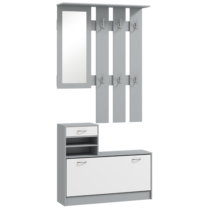 HOMCOM Suport mobil pentru haine 3 în 1 cu raft pentru încălțăminte și oglindă, cârlige și sertare, din lemn, 90x10x102 cm, alb și gri