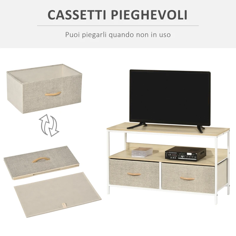 HOMCOM Mobile Porta TV da 47" con Cassetti Pieghevoli in Tessuto e Mensola in Metallo e MDF, 98x29x56cm, Colore Legno