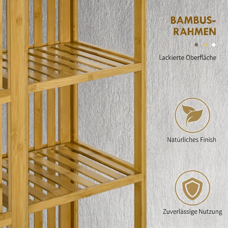 HOMCOM Dulap Deschis din Bambus cu 2 Uși Glisante, Rafturi Deschise și Bară pentru Umerașe, 145x35x165cm
