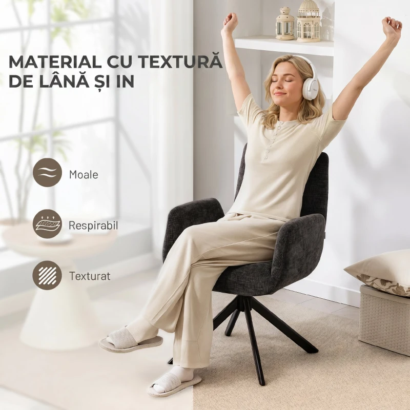 HOMCOM Fotoliu Rotativ pentru Dormitor, Material Textil cu Aspect de In și Picioare Înclinate din Oțel, Negru