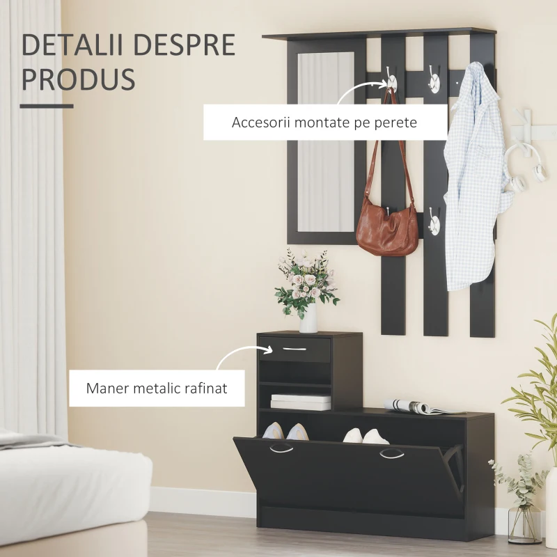 HOMCOM Mobilier de hol cu cuier, pantofar, oglindă, din PAL, 90x10x102 cm, negru
