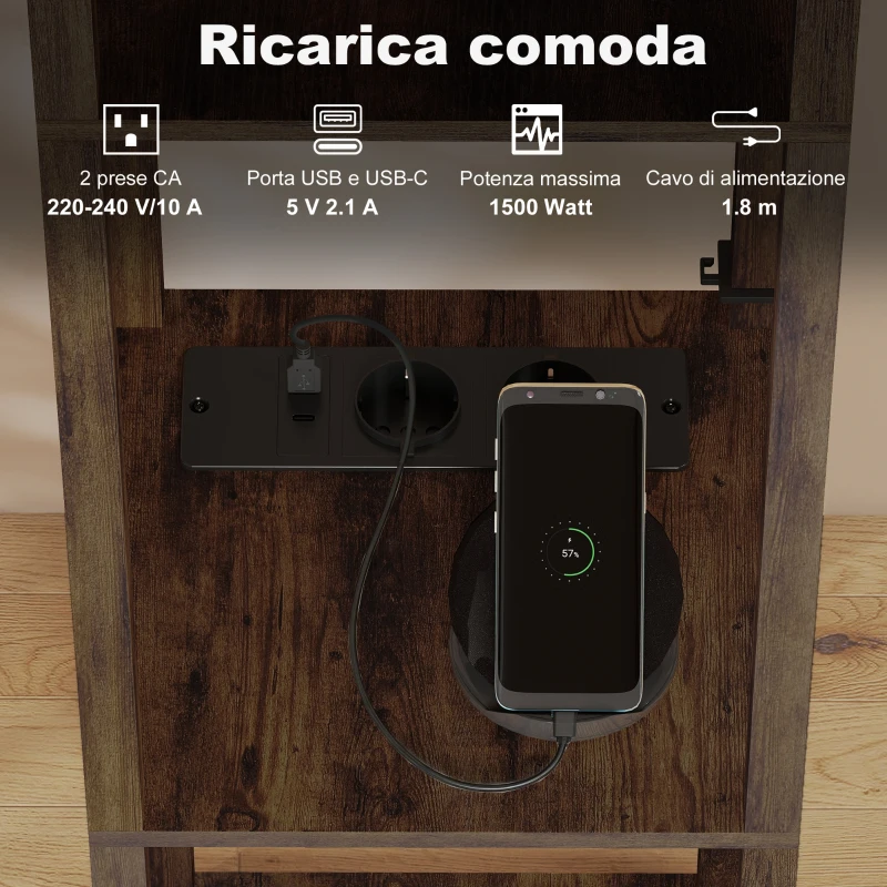 HOMCOM Lampada da Terra con Ripiani, Luce Regolabile, Interruttore a Pedale e Porte USB, Marrone