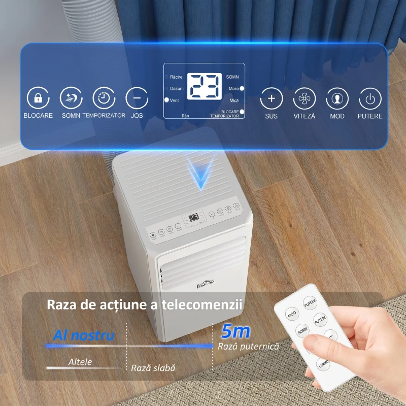HOMCOM Aer condiționat portabil 4 în 1 cu dezumidificator, cronometru 24 de ore și telecomandă, alb