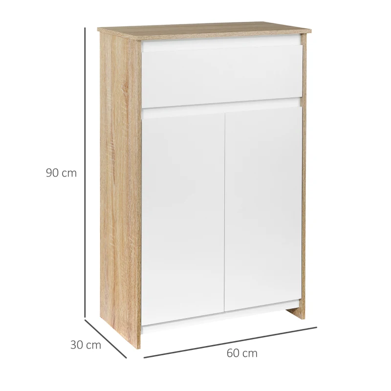 kleankin Armario de Baño con 1 Cajón y 2 Puertas Mueble Auxiliar de Estilo Moderno 60x30x90 cm Blanco y Natural