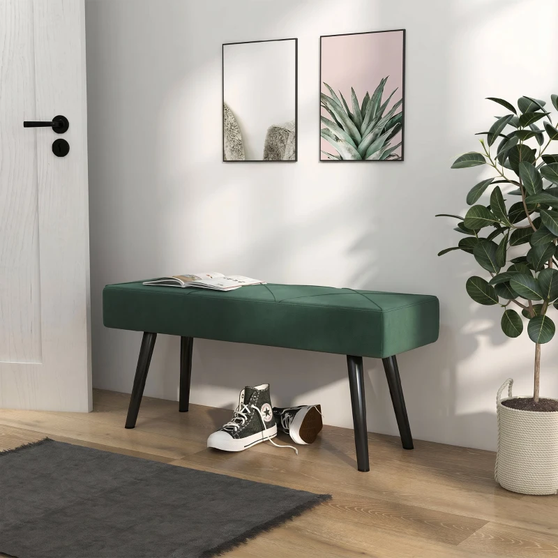 HOMCOM Bancă Tapițată pentru Dormitor, din Catifea și Oțel, 100x36x45 cm, Verde și Negru