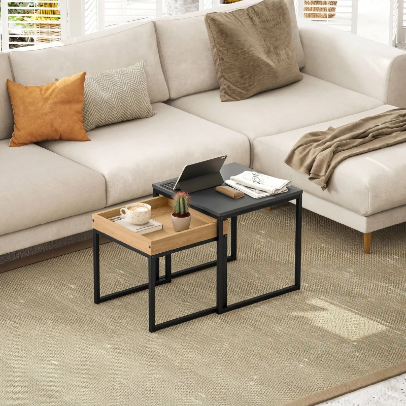 HOMCOM Set 2 măsuțe de cafea moderne cu picioare în formă de U, din lemn și oțel, 45x45x45 cm și 40x40x40 cm, negru