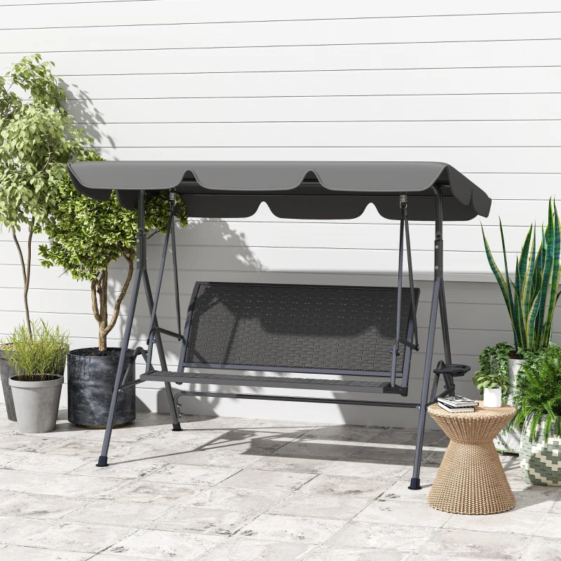 Outsunny Balansoar de Grădină 3 Locuri din Ratan PE cu Acoperiș Reglabil și Suporturi pentru Pahare, Balansoar de Exterior cu Cadru din Oțel, Capacitate 320 kg, 204x112x150 cm, Gri