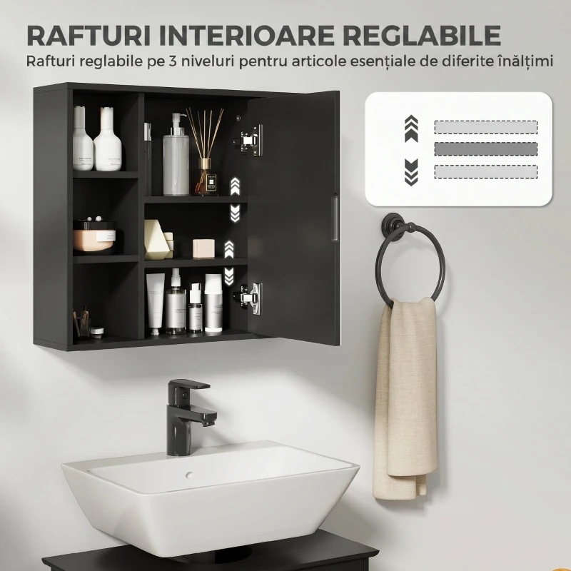 HOMCOM Dulap cu Oglindă pentru Baie, 3 Rafturi Laterale, Raft Reglabil, MDF și PAL, 60x14,5x49,4 cm, Negru și Lemn Natur