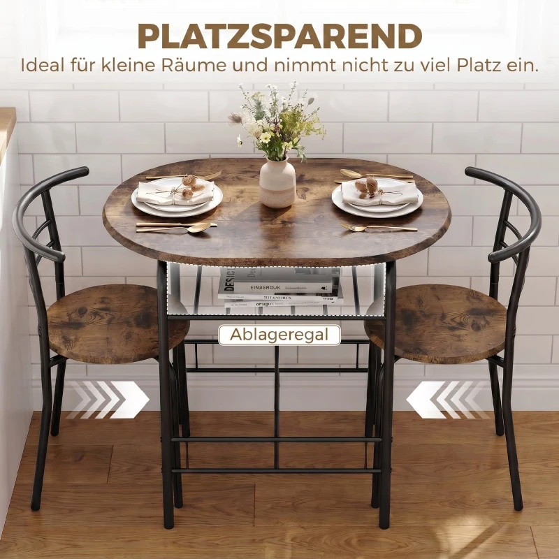 HOMCOM Essgruppe 3-teilig, Küchentisch und Stühle für 2 Personen mit Regal, Wohnzimmer, Rustikal-Braun Holz-Optik