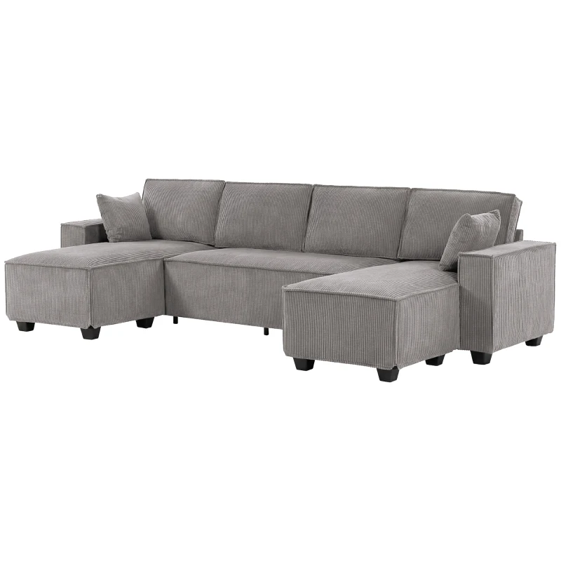HOMCOM Ecksofa mit Doppel-Chaiselongues, U-förmiges Sofa aus Cordstoff mit breitem und tiefem Sitz, Federkernkissen, Hellgrau