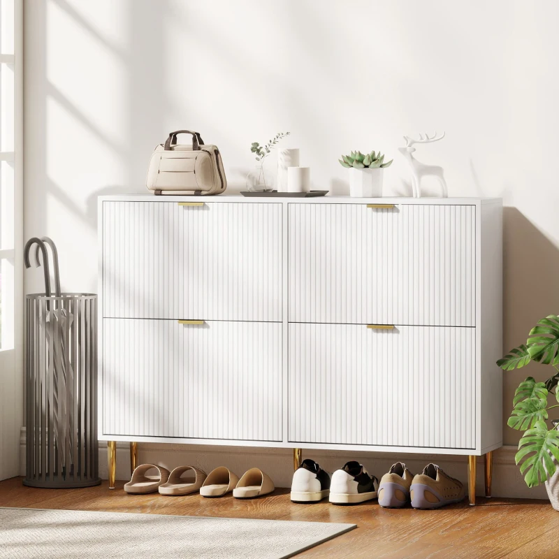 HOMCOM Zapatero Estrecho con 4 Puertas Acanaladas con Estantes Ajustables para 20 Pares de Zapatos 105x24x91,5 cm Blanco